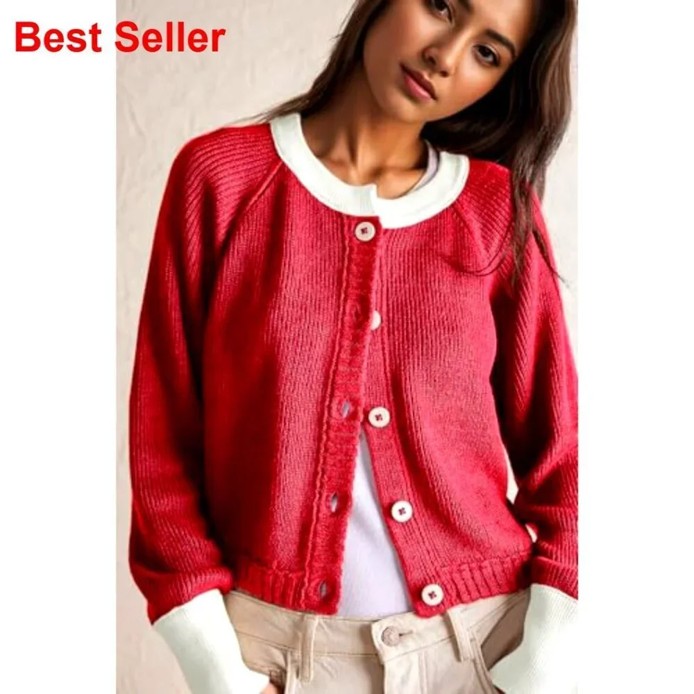 Cropped Cardigan Sweater Long Sleeve Open Front Button Down Knit Outwear